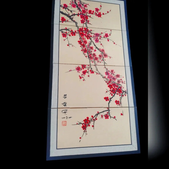 Asian Cherry Blossom Plum Tree Folding Silk Screen